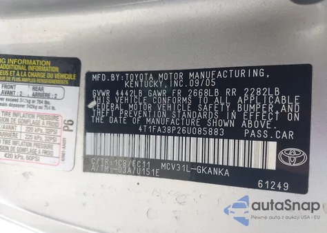 2006 Toyota Camry Solara Se из США, поврежденный, VIN 4T1FA38P26U085883